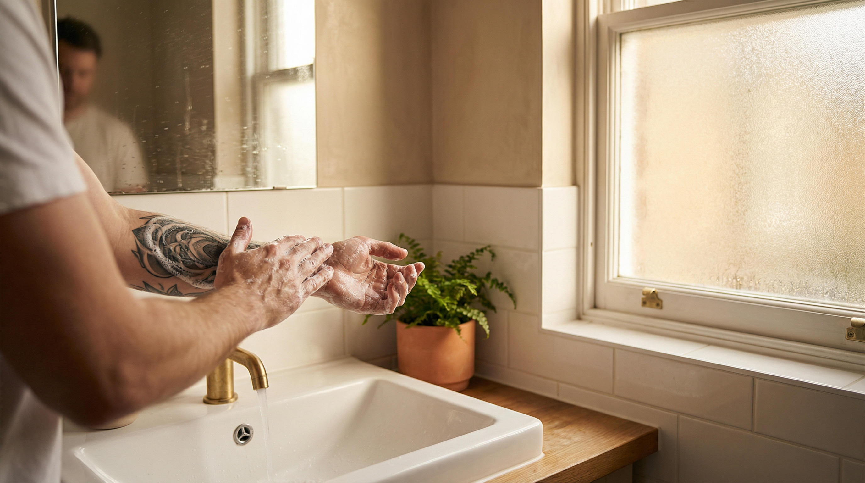A person with a tattooed arm washes their hands in a bright bathroom with a window and a small potted plant.