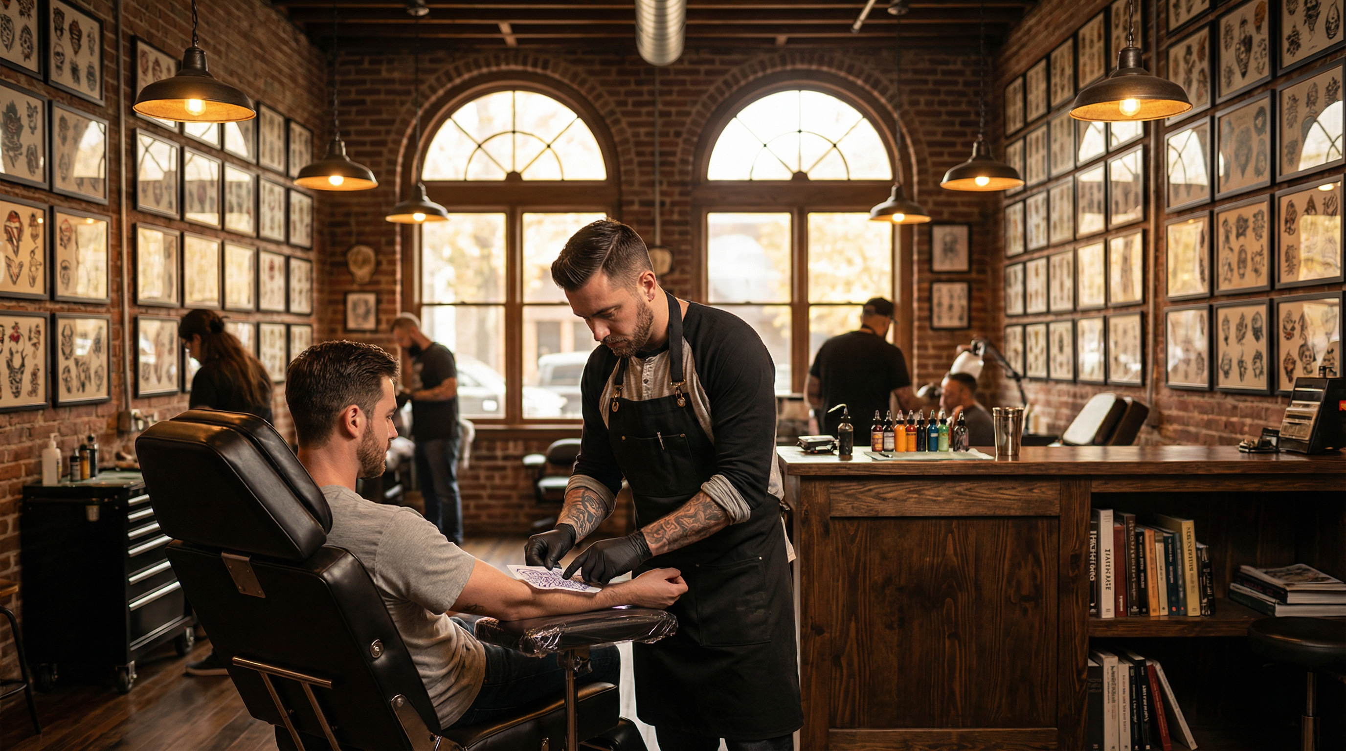A tattoo artist working on a client's arm in a rustic, brick-walled studio filled with framed tattoo art.
