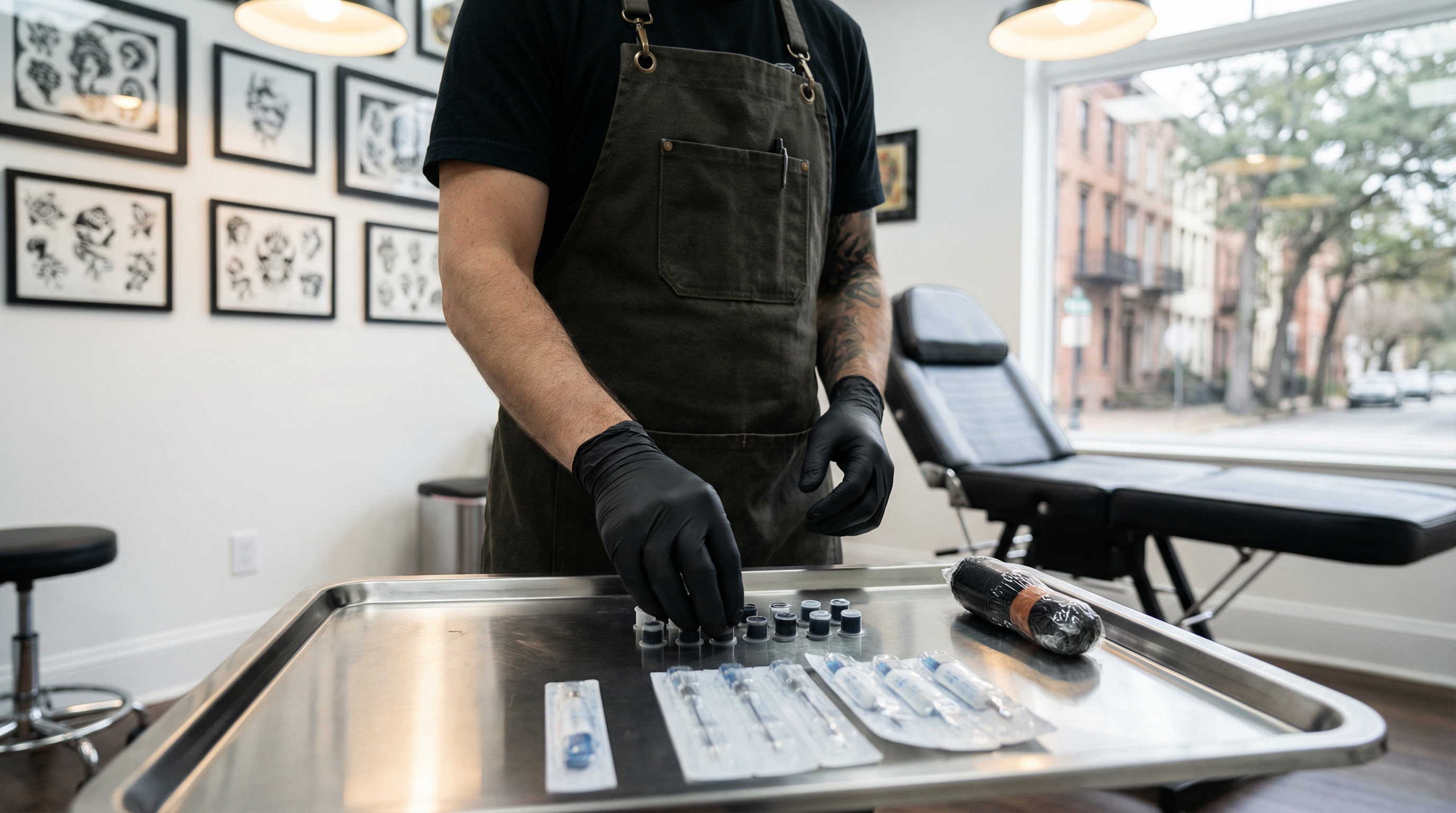 A person wearing an apron and black gloves prepares sterile tattoo equipment on a metal tray in a studio.