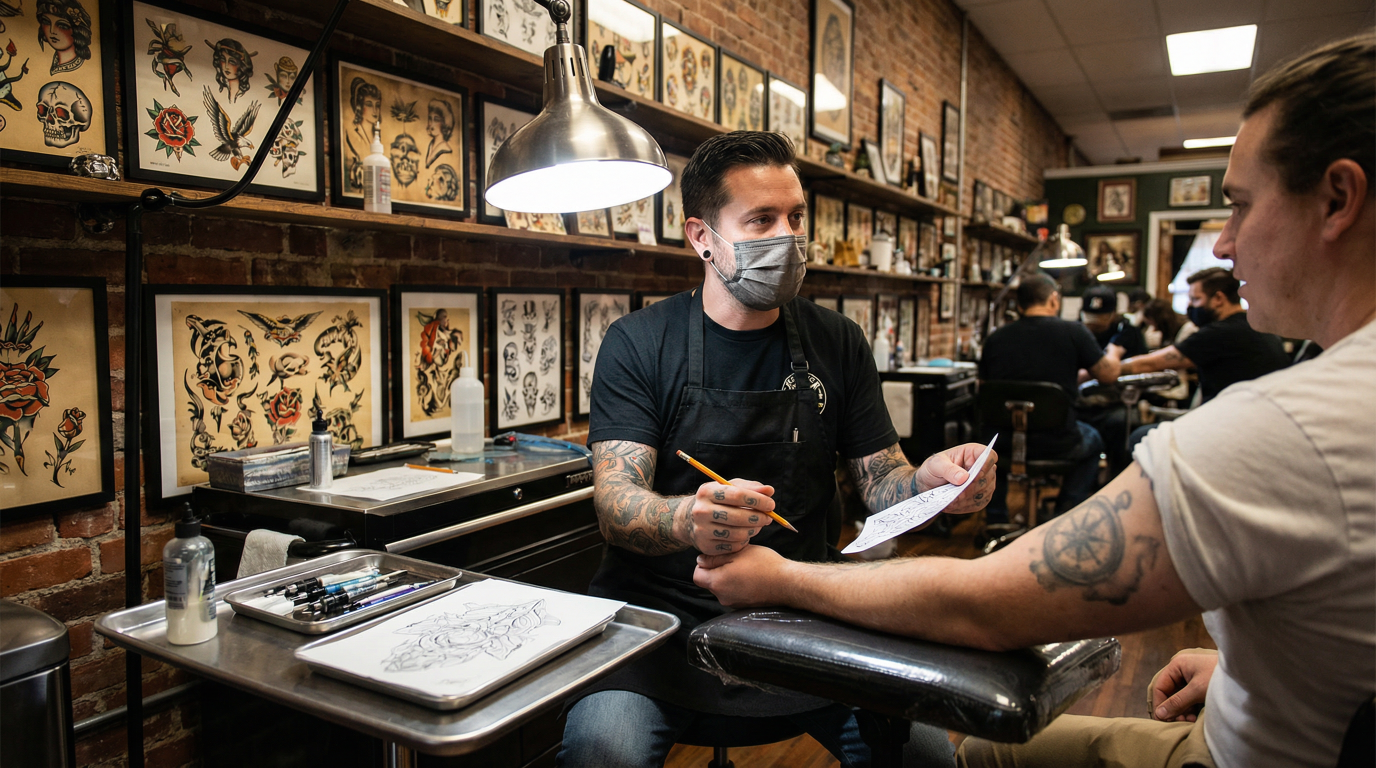 A tattooed artist wearing a face mask discusses a design with a client in a studio lined with framed tattoo flash art.