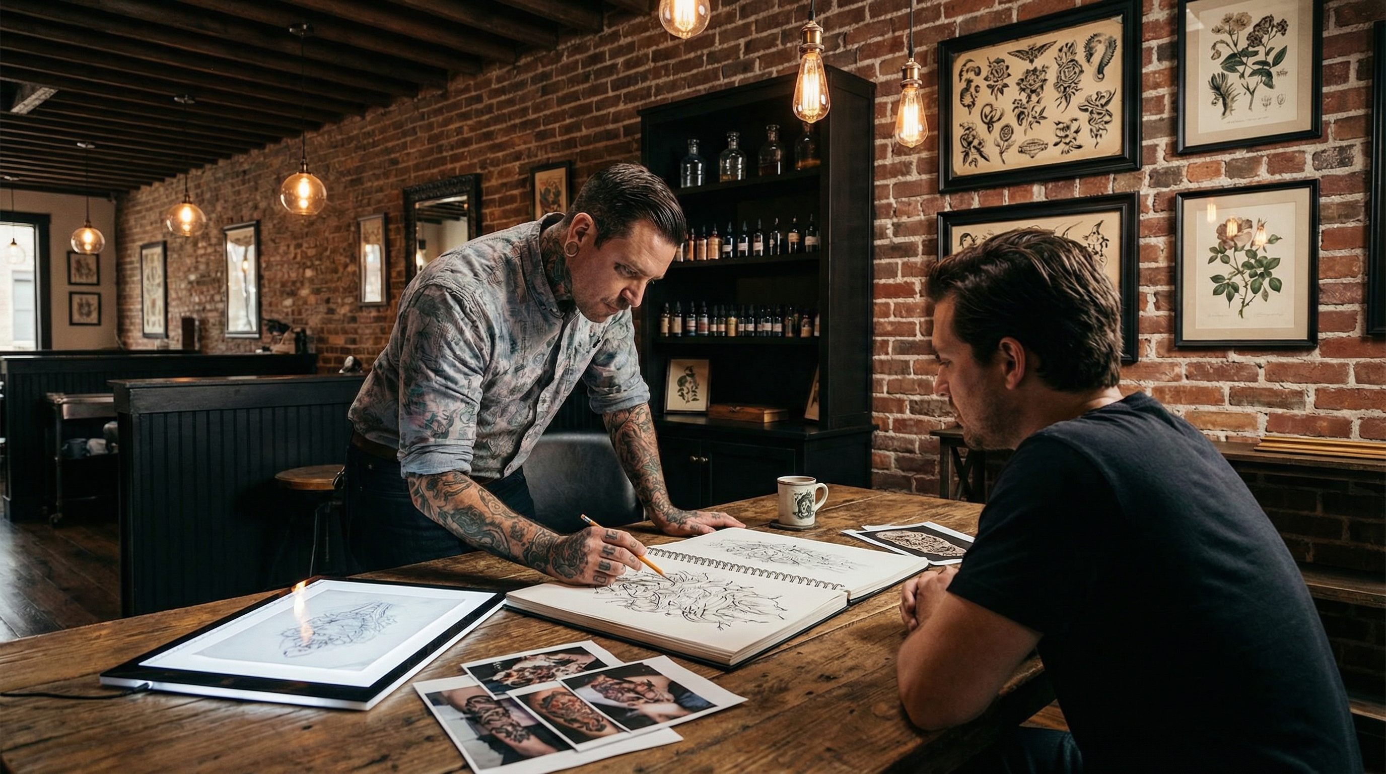 A tattoo artist in a brick-walled shop sketching a design in a notebook for a client sitting across a wooden table.