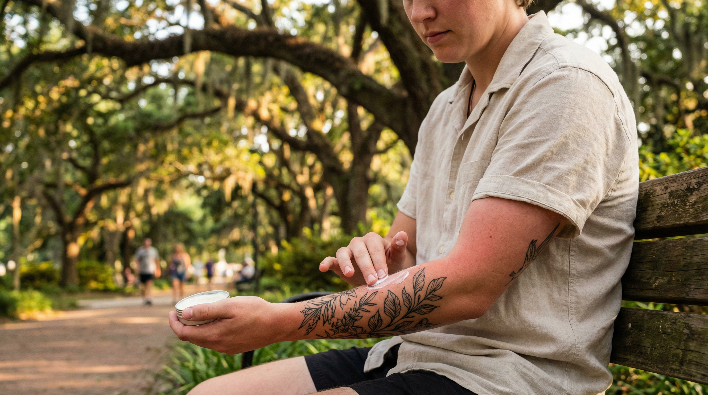 A person sitting on a park bench applies cream to their tattooed forearm.