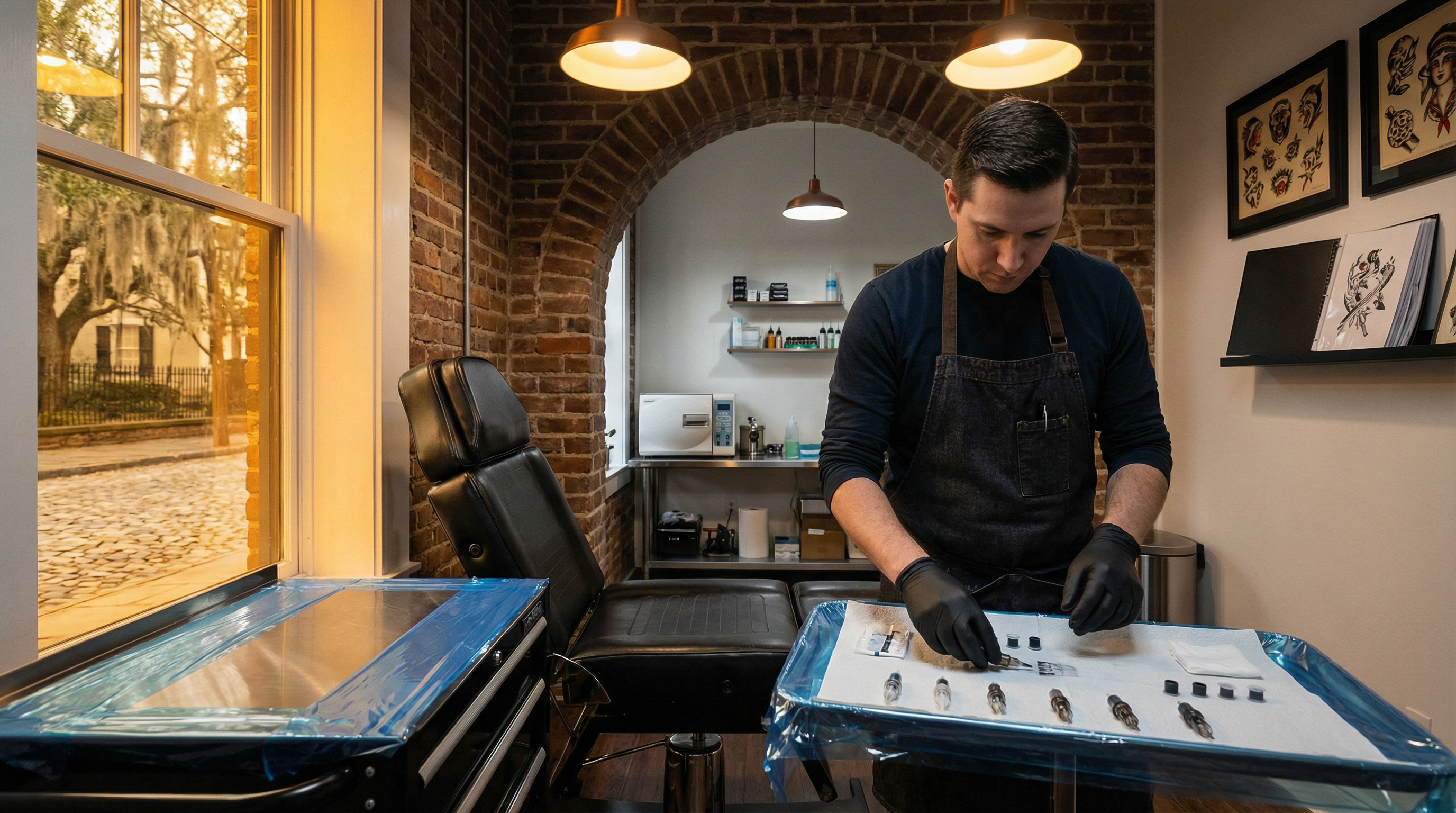 A tattoo artist in a brick-walled shop prepares supplies on a tray, wearing black gloves and an apron.