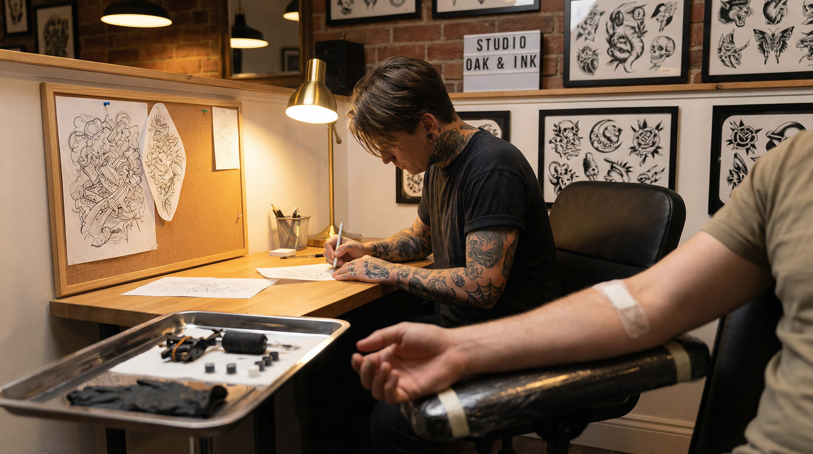 A tattooed artist sits at a desk drawing in a studio, while a client with a bandaged arm waits in the foreground.